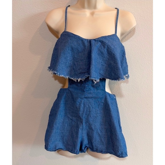 Zara Pants - Zara Trafaluc Chambray Cutout Ruffle Romper Frayed Boho Festival Trendy XS
